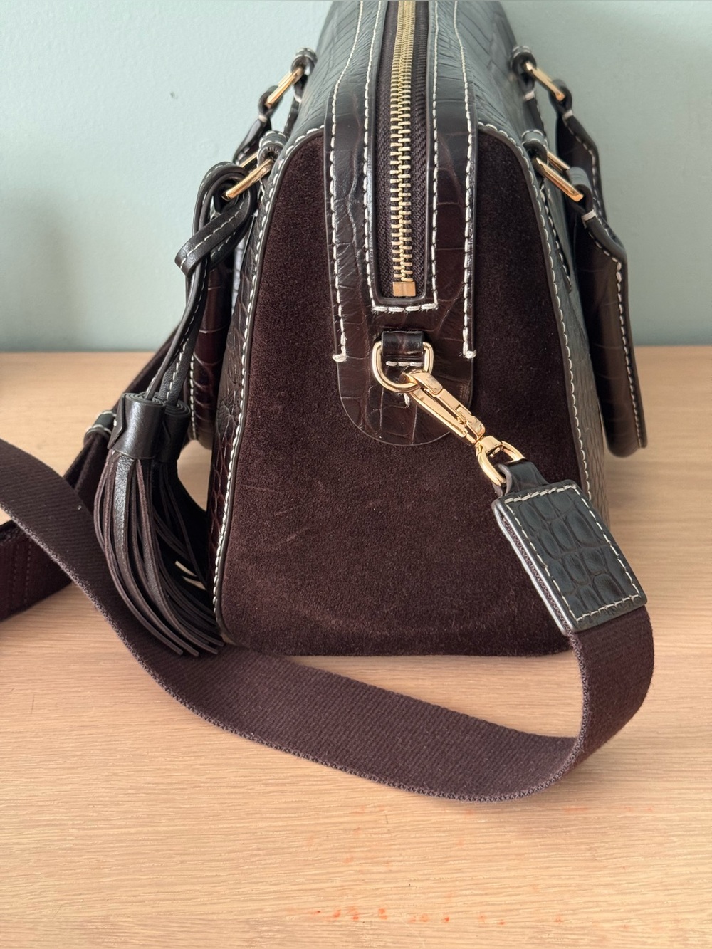 Tory Burch Dark Mahogany Thea Crocodile Embossed Web Small Satchel - Picture 2 of 12